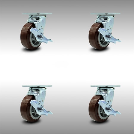 Service Caster 5 Inch SS Polyurethane Swivel Caster Set with Ball Bearings and Brakes SCC SCC-SS30S520-PPUB-TLB-4